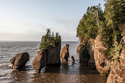 Panoramic shot of rocks by sea against sky