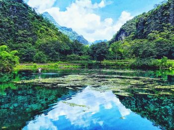 Scenic view of lake by trees against sky