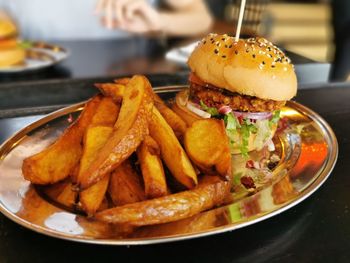 Close-up of burger on plate