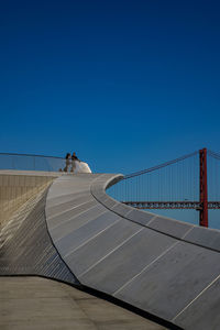 Man on bridge against clear blue sky