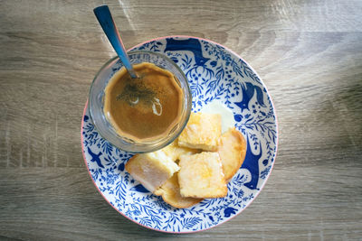 High angle view of breakfast served on table