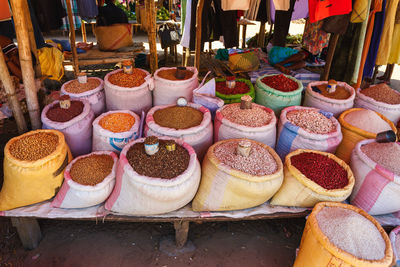 High angle view of spices for sale at market stall