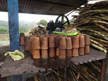 Stack of potted plant on field