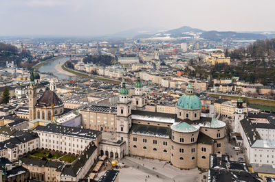 High angle view of buildings in city