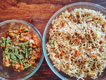 High angle view of meal served on table