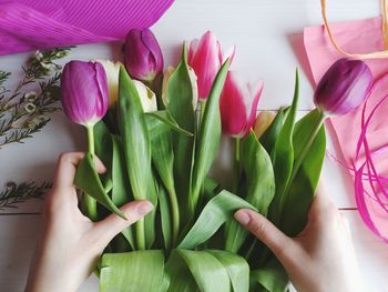 Cropped hands holding tulips at table