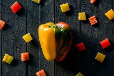 High angle view of bell peppers on table