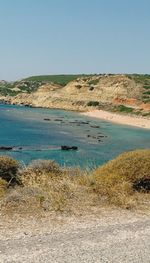 Scenic view of sea against clear blue sky