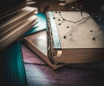 High angle view of book on table