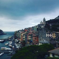 Panoramic view of city by sea against sky