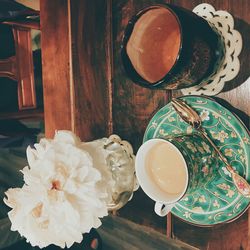 High angle view of tea served on table