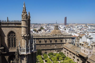 High angle view of buildings in city