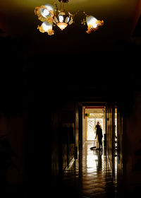 Rear view of silhouette man walking in illuminated building