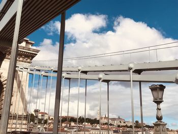 Low angle view of bridge and buildings against sky