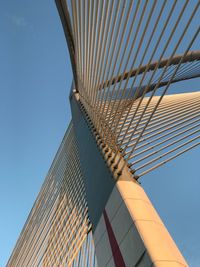 Low angle view of modern building against clear blue sky