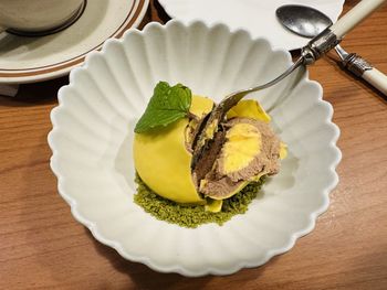 High angle view of dessert in plate on table