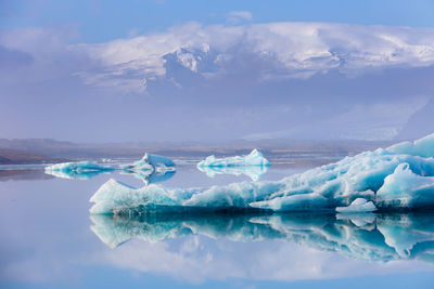Aerial view of frozen lake against sky