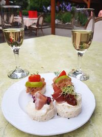 Close-up of food served on table