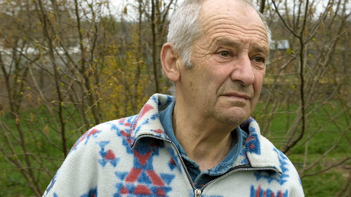 Close-up of senior man looking away against bare trees