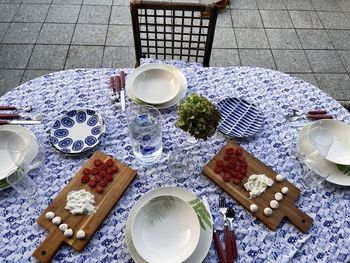 High angle view of breakfast on table