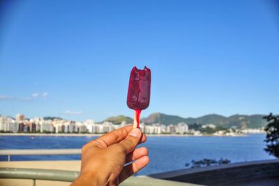 Cropped image of hand holding popsicle by lake against sky