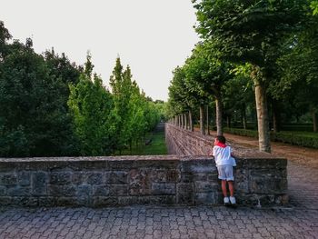 Rear view of boy standing on footpath at park