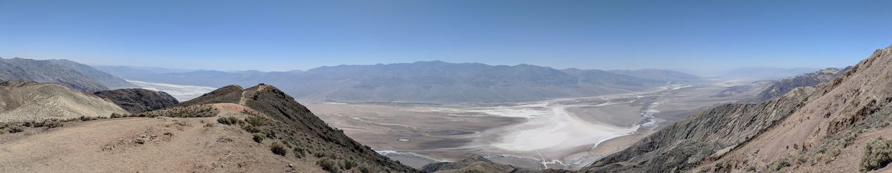 Panoramic view of mountains against clear blue sky