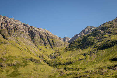 Scenic view of mountains against clear blue sky