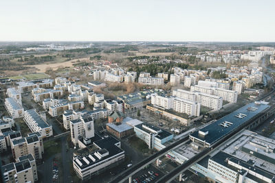 High angle view of buildings in city against clear sky