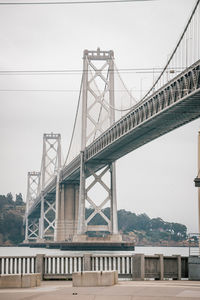 Low angle view of suspension bridge against sky