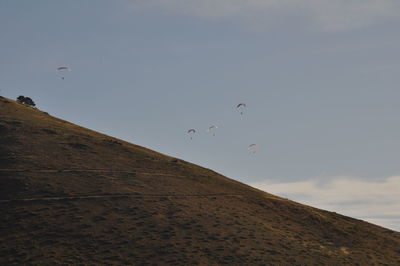 Low angle view of birds flying over mountain against sky