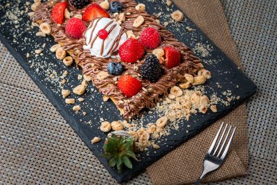 High angle view of breakfast on table