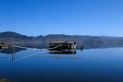 Scenic view of lake against clear blue sky