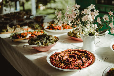 High angle view of meal served on table