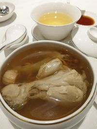 High angle view of soup in bowl on table