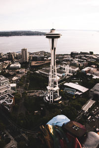 High angle view of cityscape by sea against sky