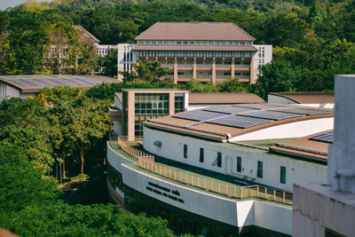 High angle view of swimming pool by building