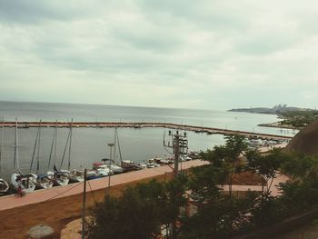 High angle view of plants by sea against sky