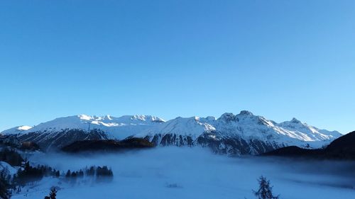 Scenic view of snowcapped mountains against clear blue sky