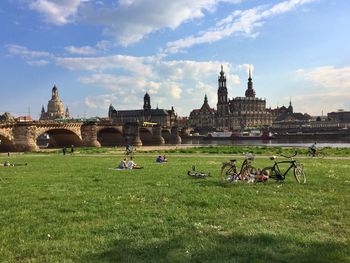 Dresden cathedral by park against sky