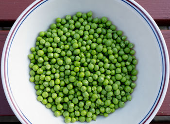 Shelled green peas in a white dish.