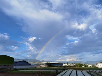 Rainbow over cityscape against sky