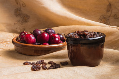 Still life of cherries and raisins on a golden tablecloth