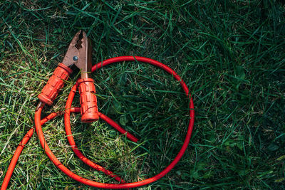 High angle view of fire hydrant on field