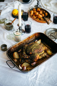 Roasted chicken with za'atar on family lunch table