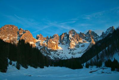 Panoramic view of snowcapped mountains against sky in the dolomites, in trentino italy