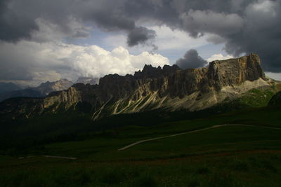 Scenic view of mountains against cloudy sky