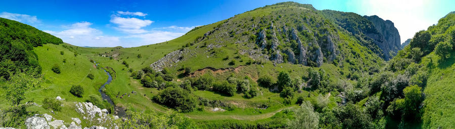 Panoramic view of land and mountains against sky