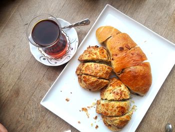 High angle view of breakfast on table