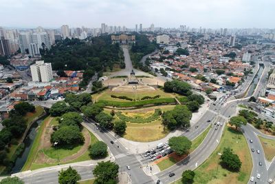 High angle view of street amidst buildings in city